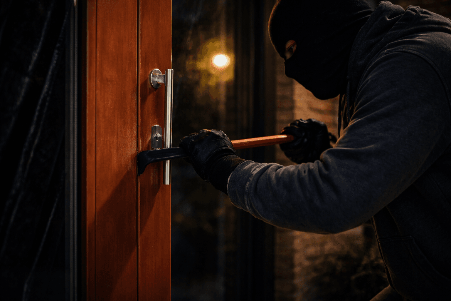 inbreker probeert in te breken met koevoet